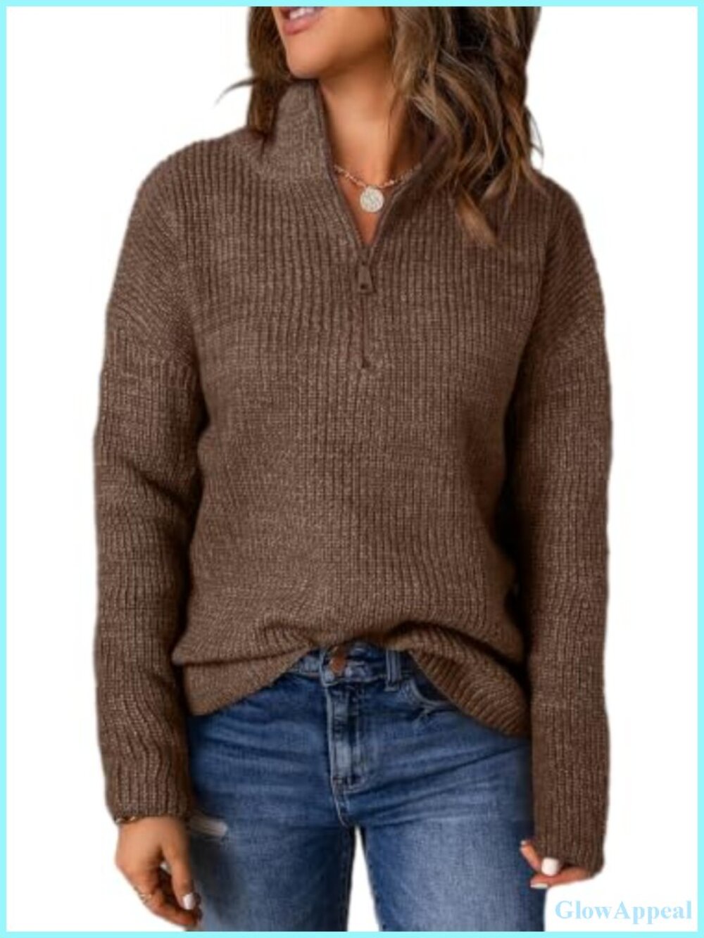 Womens Quarter Zip Pullover Sweater V Neck Long Sleeve Knit